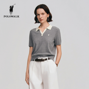 POLOWALK女式短袖针织衫2026春季新品亚麻混纺V领显瘦针织上衣