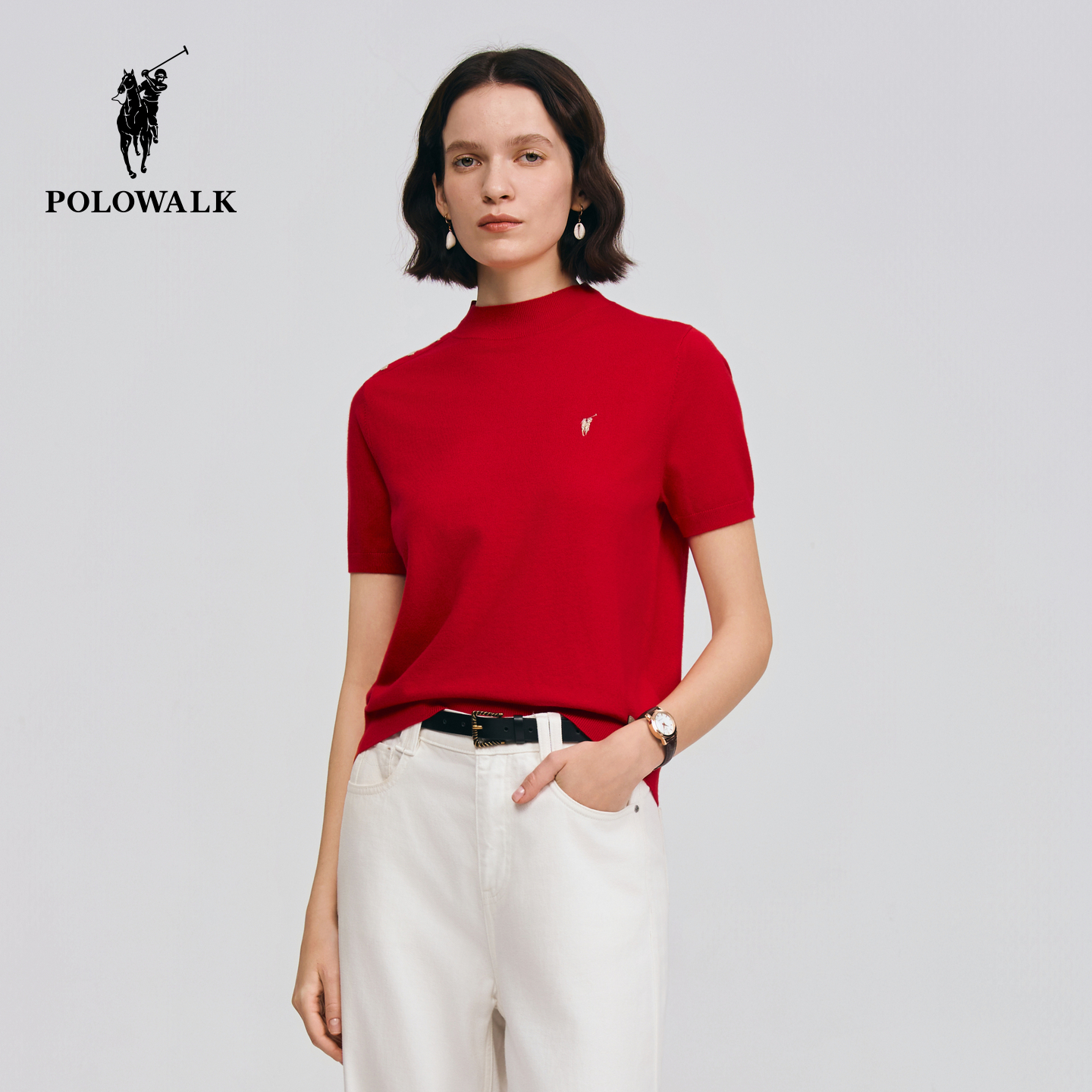 【红色款】POLOWALK女装2026夏季新品女式短袖针织衫针织短袖圆领
