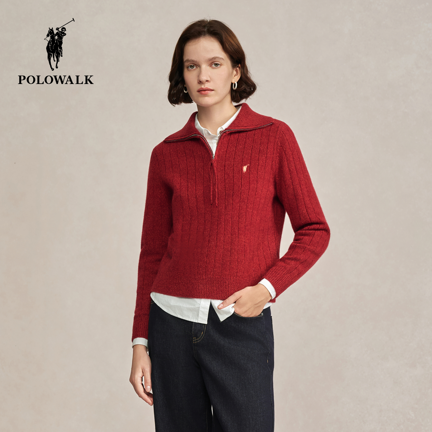 【100%绵羊毛】POLOWALK女式羊毛衫2025冬季新品显瘦百搭翻领上衣