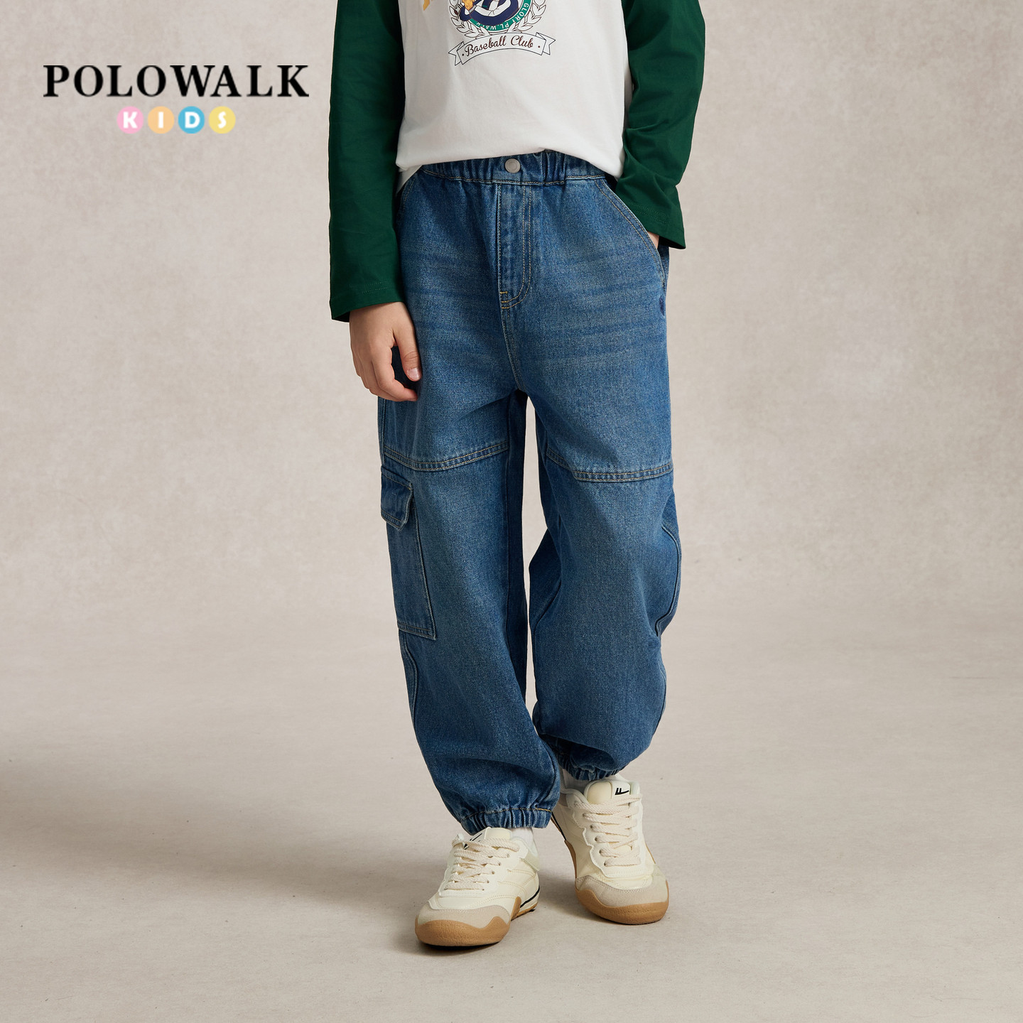 POLOWALK童装男童牛仔裤2026秋季新品时尚小马刺绣松紧腰束脚裤图片