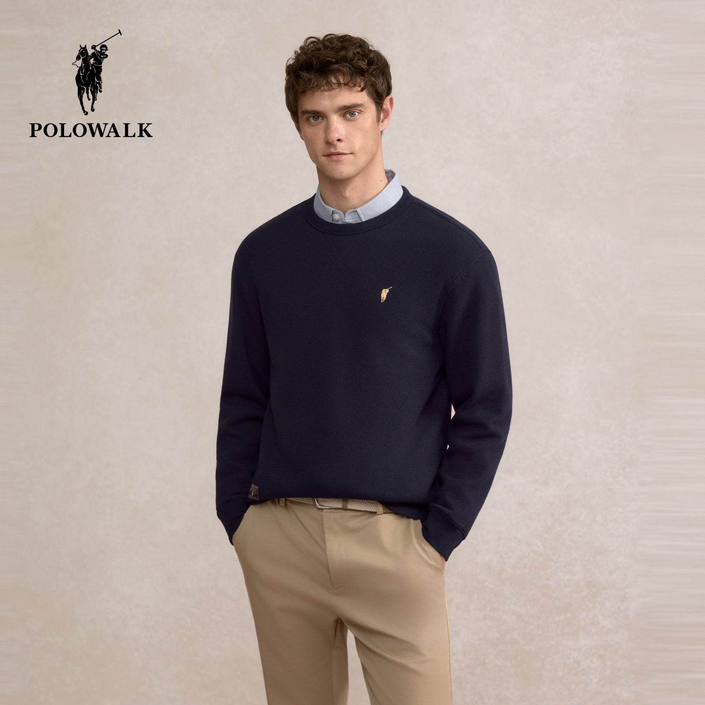 POLOWALK男式卫衣2025秋季新品肌理格纹圆领上衣百搭通勤打底衫