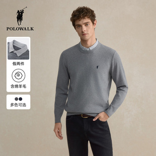 【含绵羊毛】POLOWALK长袖针织衫男2025秋季新品假两件衬衫领上衣