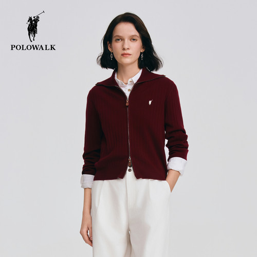【含绵羊毛】POLOWALK女式长袖针织衫2026春季新品翻领针织开衫