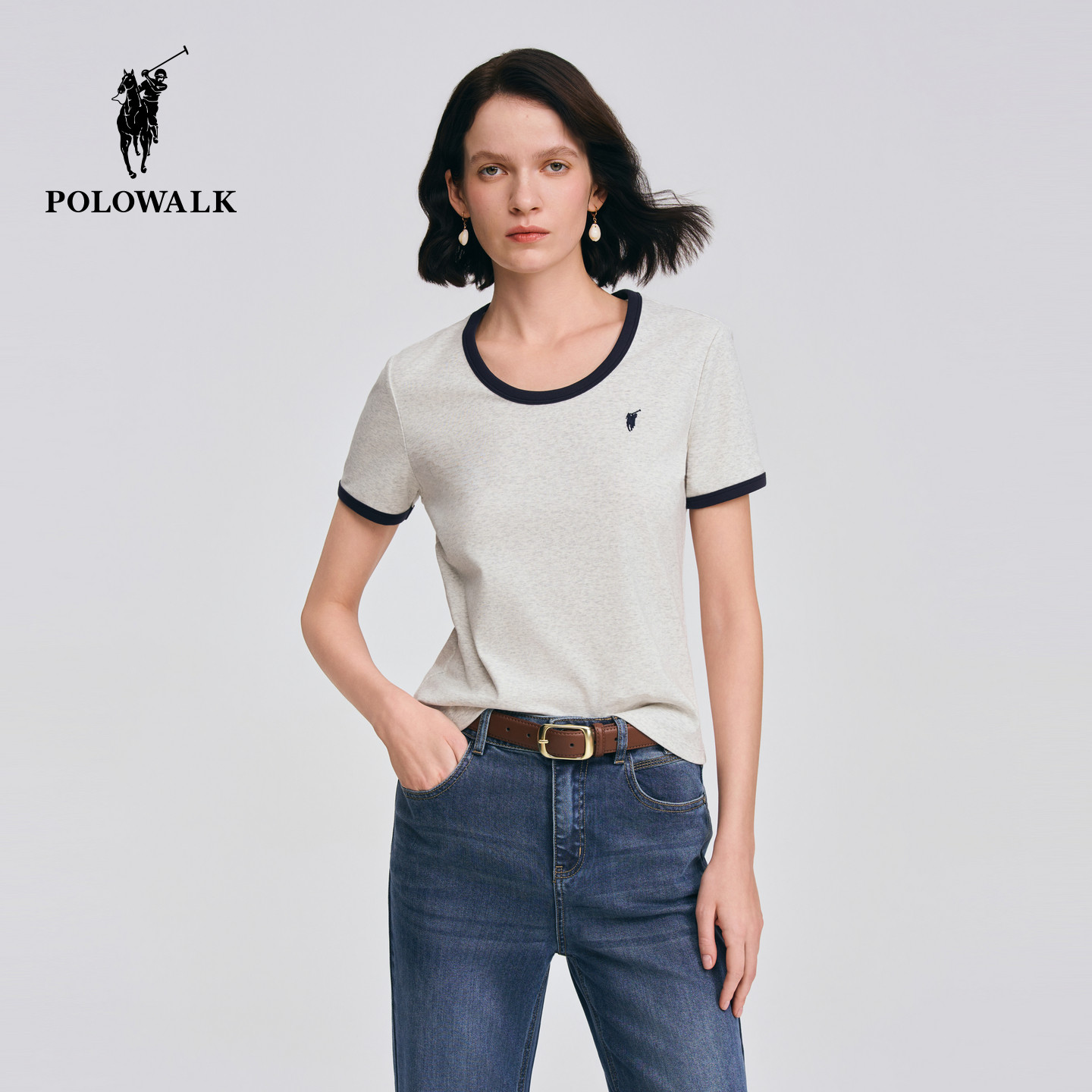 POLOWALK女式短袖2026夏季新品时尚撞色大圆领短袖休闲百搭T恤