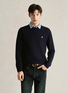 POLOWALK衬衫领假两件针织衫男士秋冬圆领套头内搭毛衣商务休闲