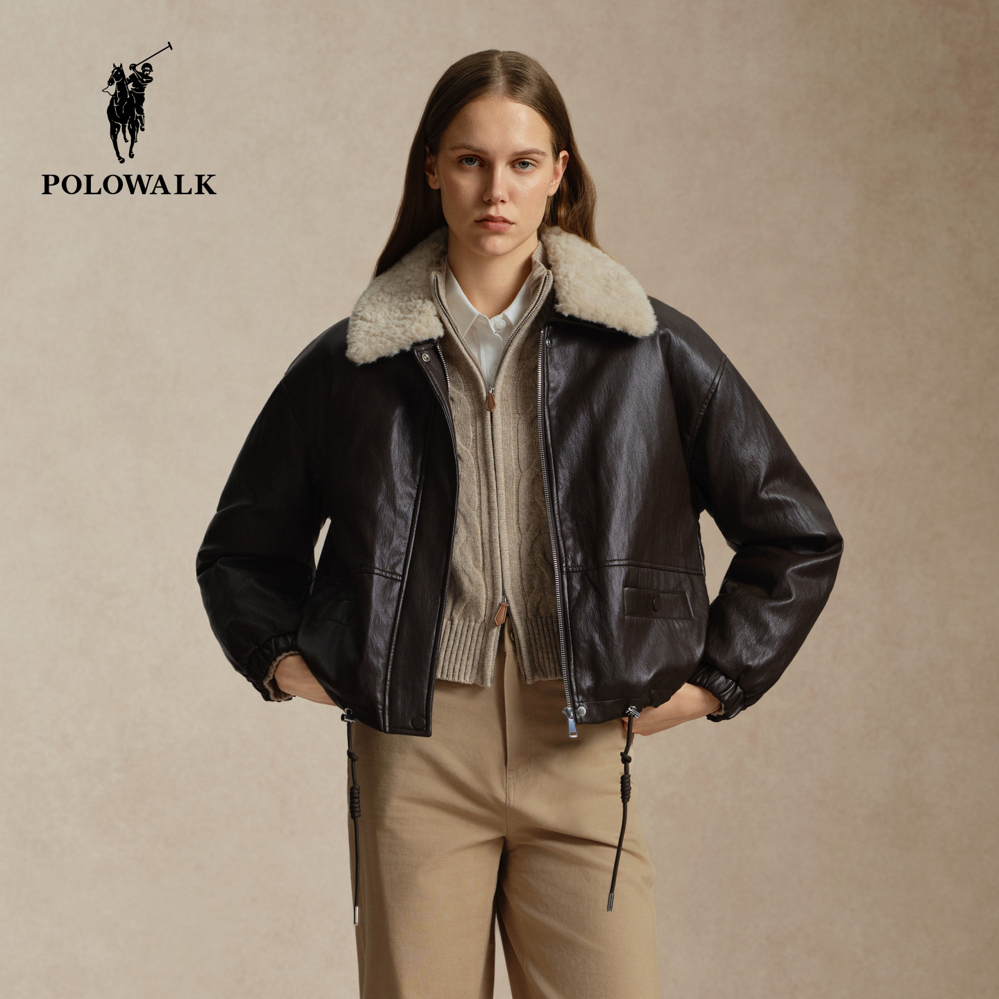 【90鸭绒】POLOWALK女式羽绒服2026冬季绒感毛领时尚复古短款外套
