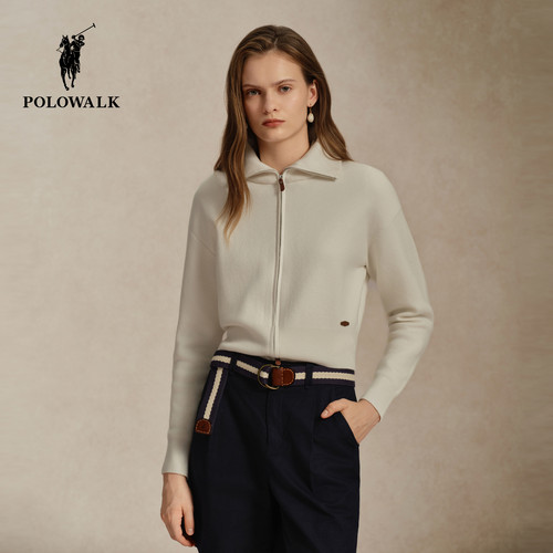 POLOWALK女式长袖针织衫2026秋季新品经典美式翻领拉链开衫外套