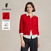 POLOWALK女士毛衣新年红色羊毛针织开衫 女秋冬款 100%绵羊毛上衣女