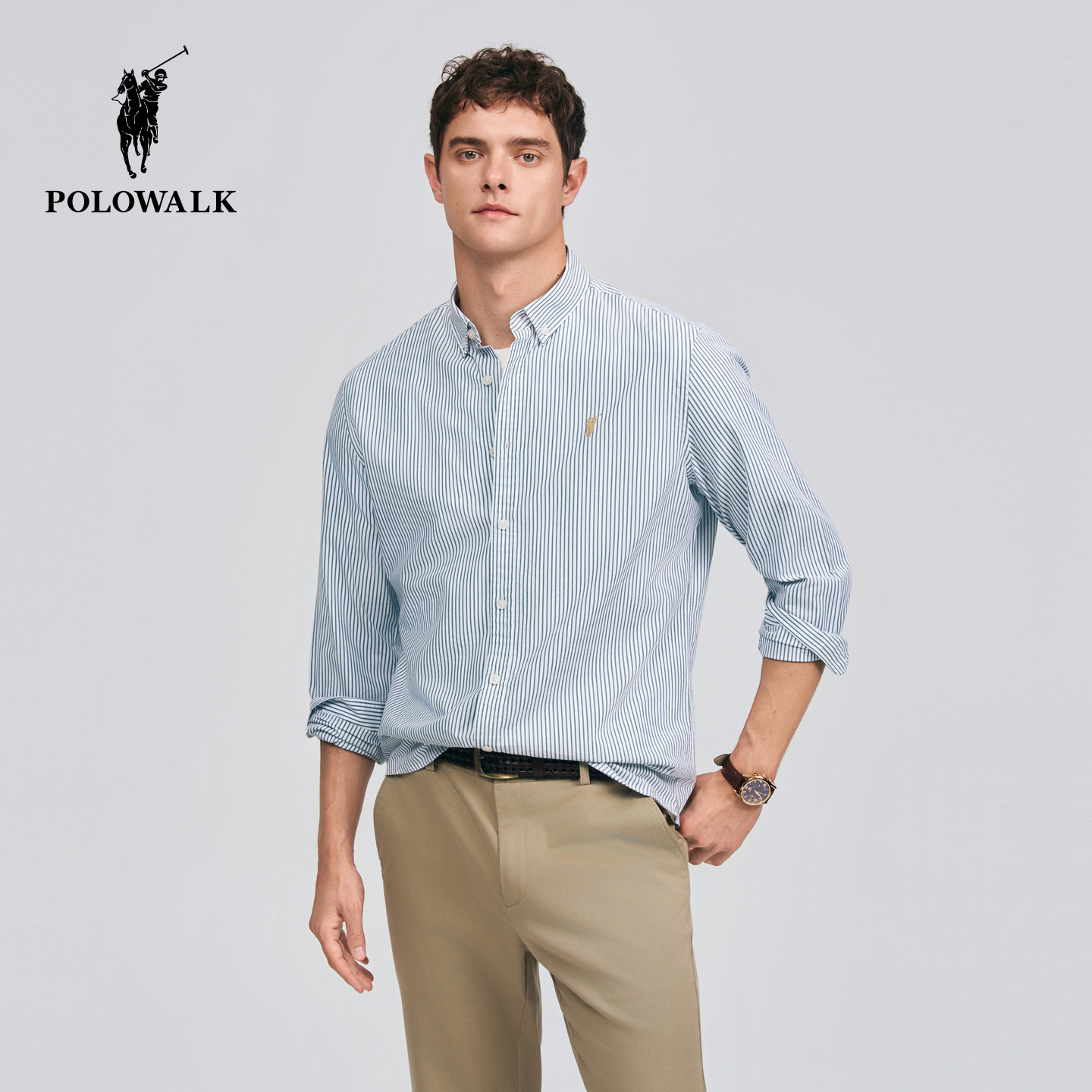 POLOWALK男式长袖衬衫2026春季新品男装商务休闲内搭条纹