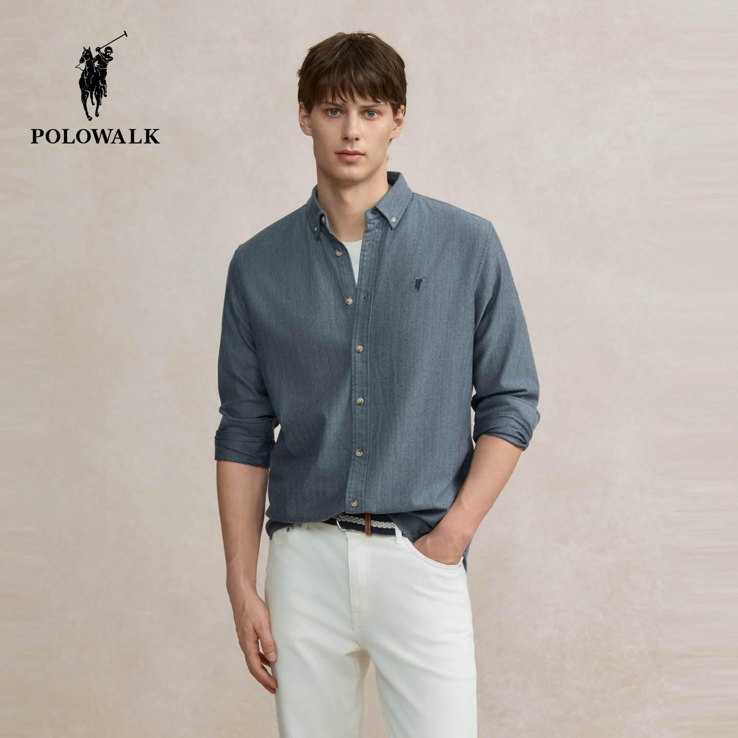 POLOWALK男式长袖衬衫2025秋冬新品日常通勤内搭翻领开衫衬衣男