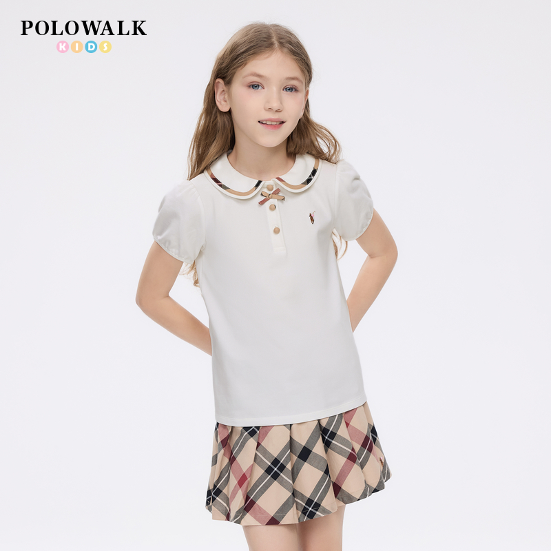 POLOWALK童装女童短袖T恤25夏季新品甜美打底衫娃娃领中大童上衣