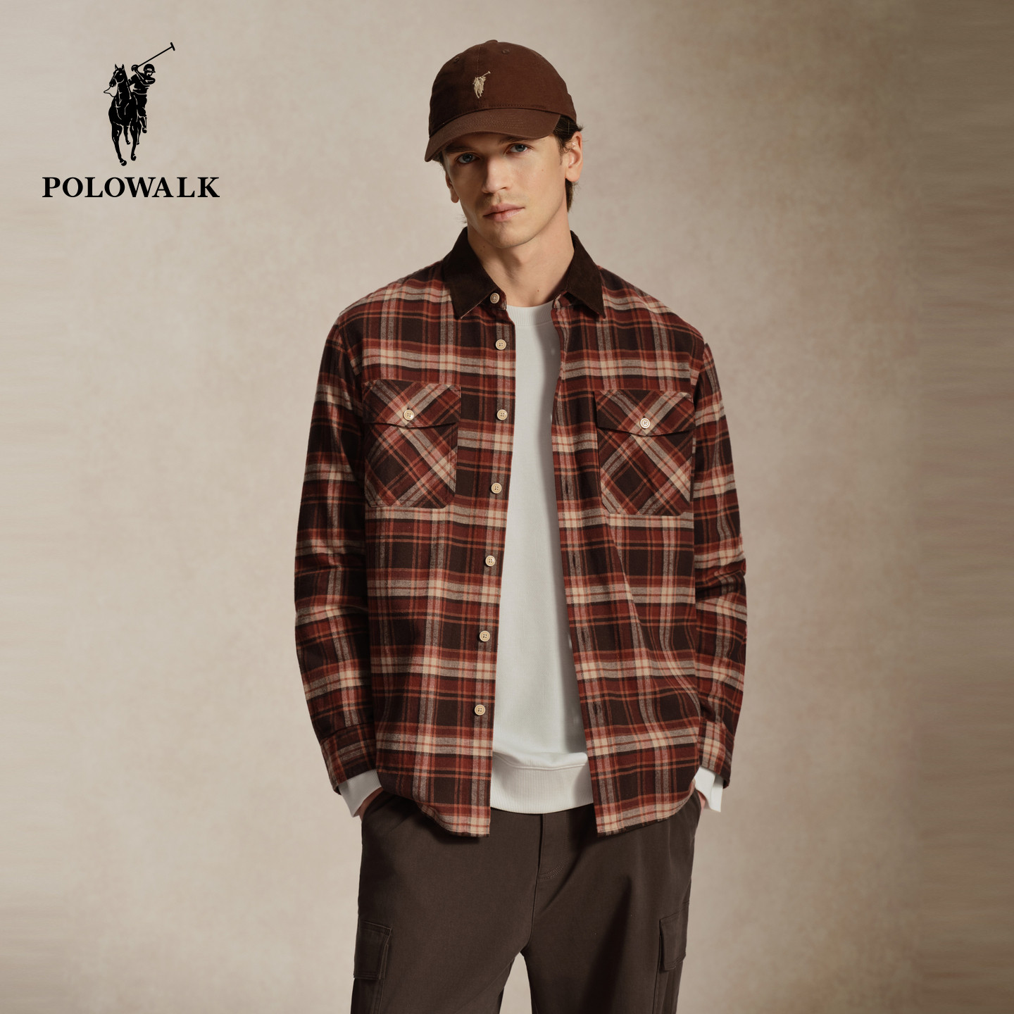 【100%棉】POLOWALK男式长袖衬衫2026秋季新品撞色格纹翻领时尚