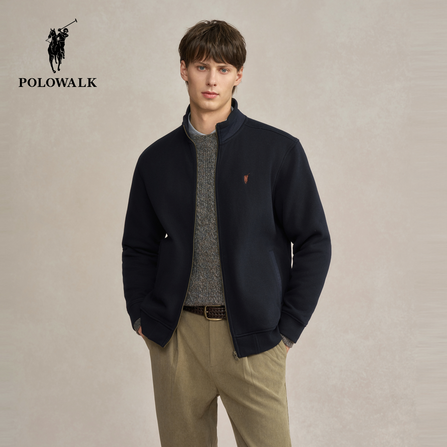 POLOWALK男式卫衣2025冬季新品简约百搭舒适加绒立领外套保暖男装