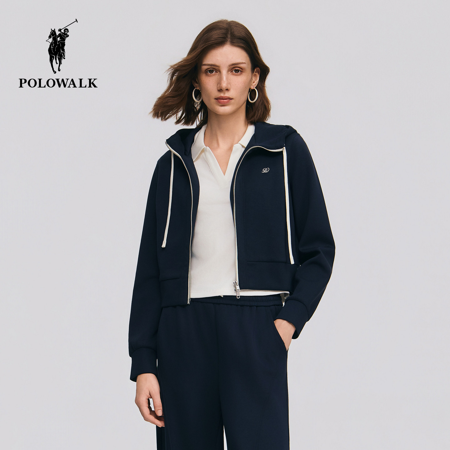 POLOWALK女式连帽卫衣2026春季新品简约百搭显瘦休闲外套长裤套装