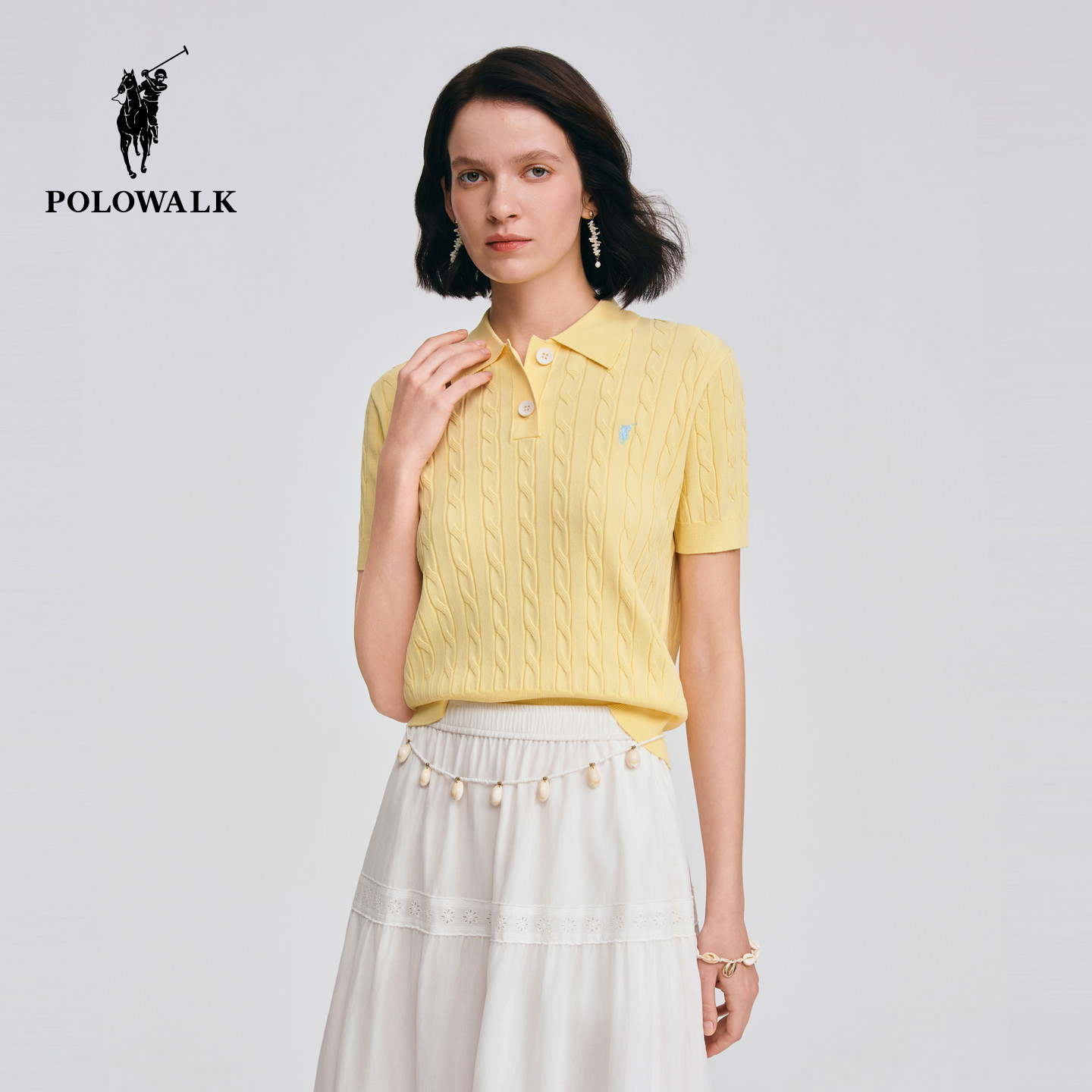 POLOWALK女式短袖针织衫2026夏季新品翻领绞花套头针织短袖上衣