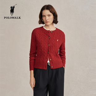 【100%绵羊毛】POLOWALK女式羊毛衫2025冬季新品新年红色绞花开衫