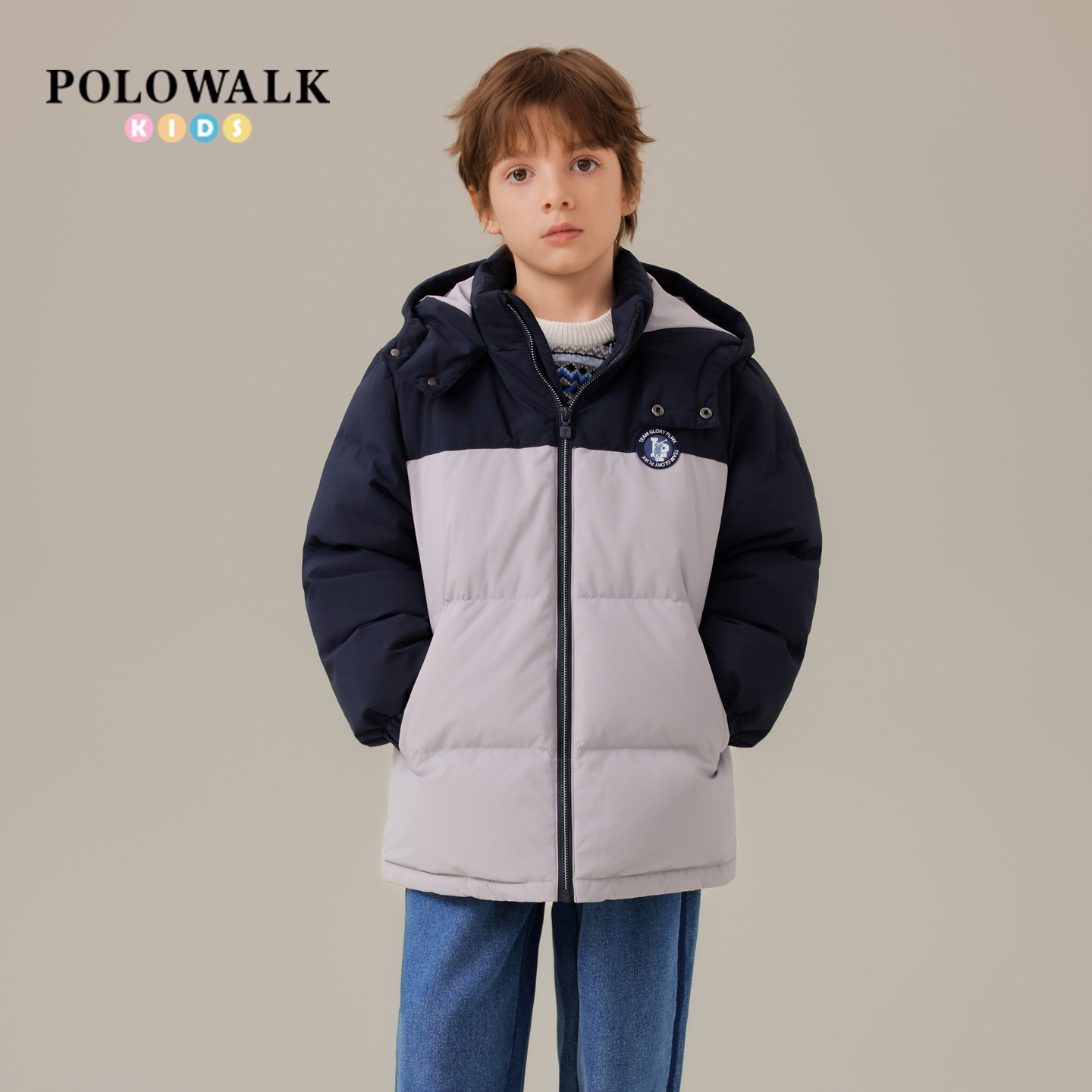 POLOWALK童装男童羽绒服2025冬季新品时尚撞色保暖80鸭绒连帽外套