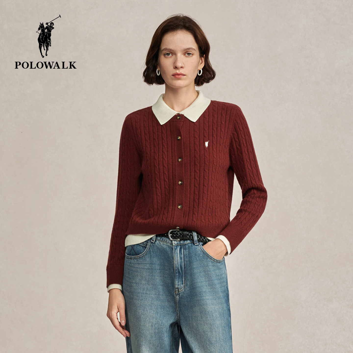 POLOWALK女式羊毛衫2025冬季新品撞色翻领针织绞花休闲羊毛开衫女