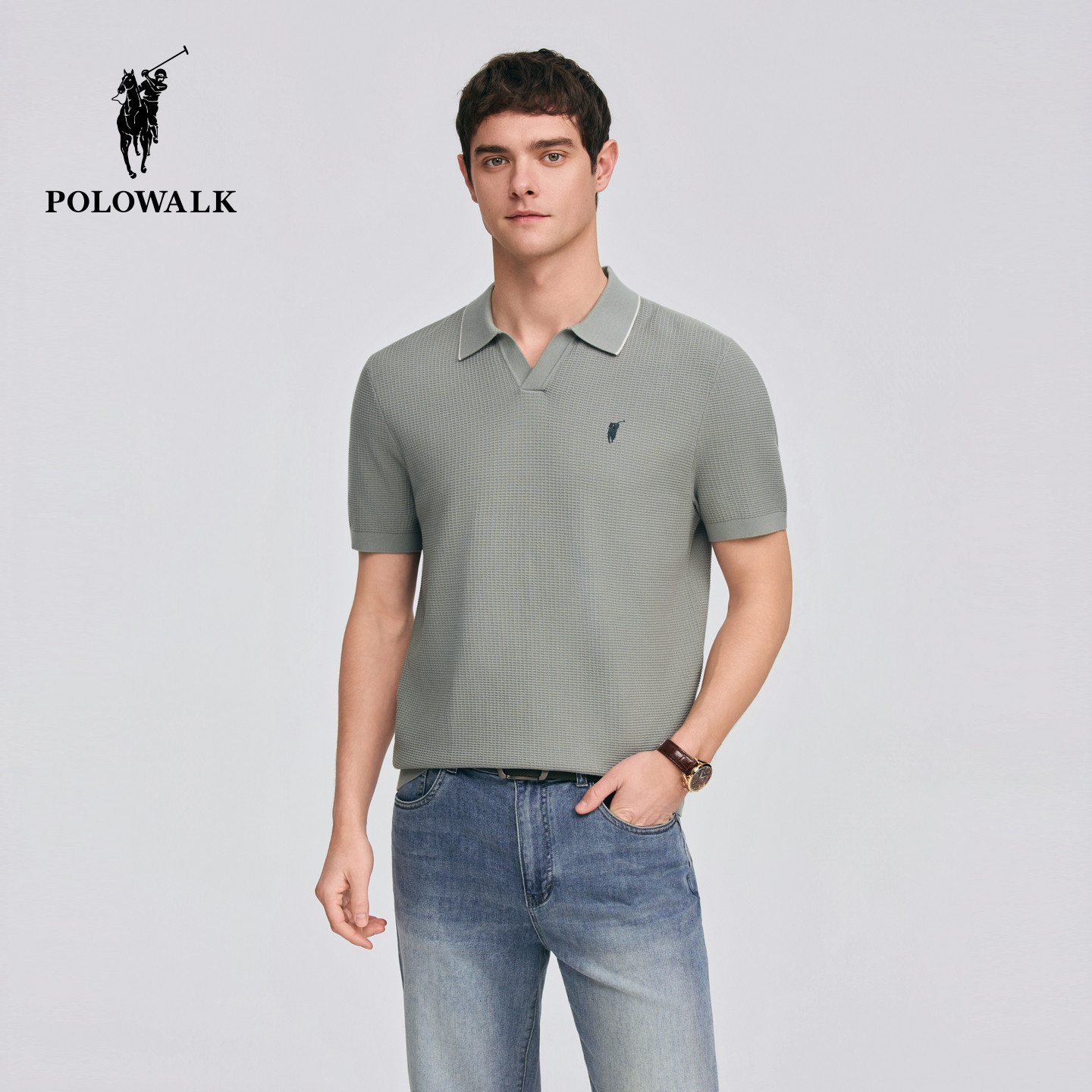 POLOWALK男式短袖针织衫2026春季新品剪刀领方格肌理针织POLO衫
