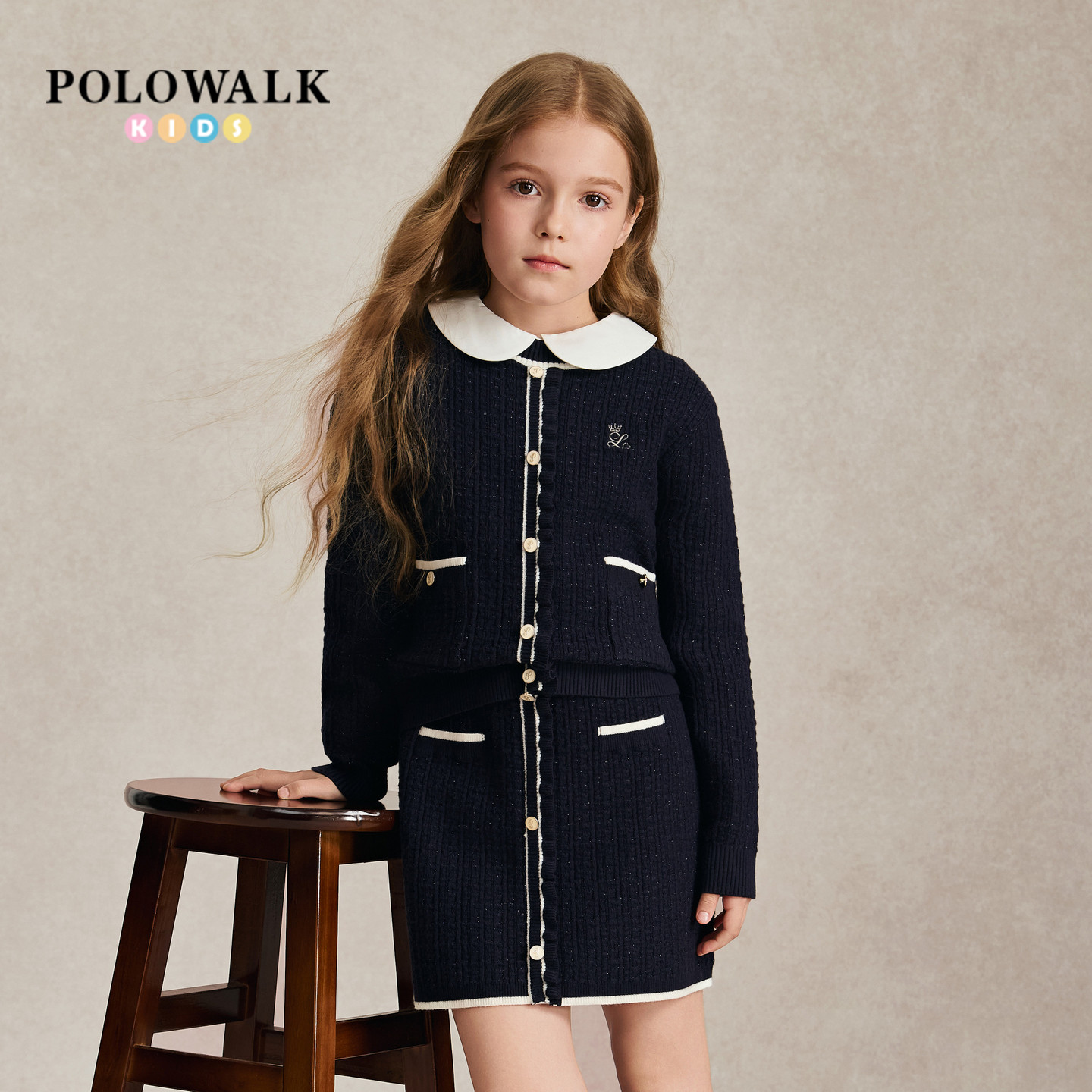 【套装】POLOWALK女童长袖套装2026秋季新品小香风纯色圆领开衫
