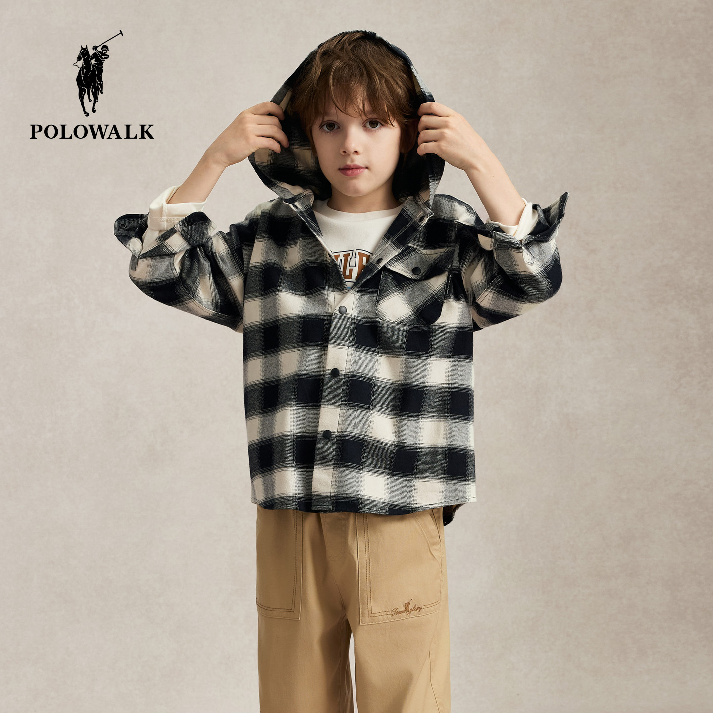 【100%棉】POLOWALK男童长袖衬衫2026早秋新品百搭休闲连帽衬衣