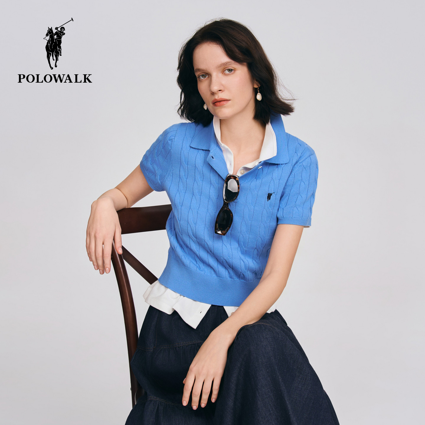 POLOWALK女式短袖针织衫2026春季新品翻领绞花修身针织衫套头上衣