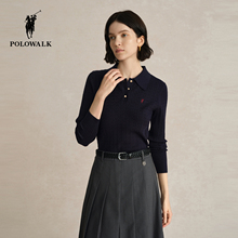 POLOWALK女式长袖针织衫秋冬新款polo领绞花毛衣女保暖打底衫上衣