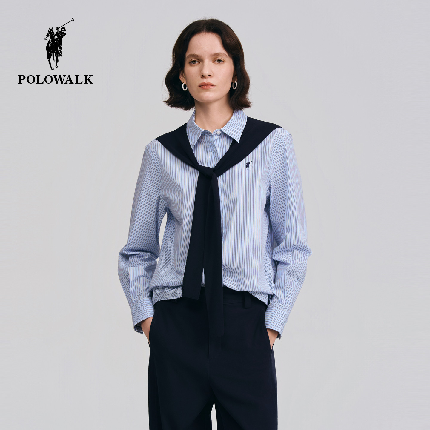 【100%棉】POLOWALK女式长袖衬衫2026春季新品慵懒风披肩条纹衬衣