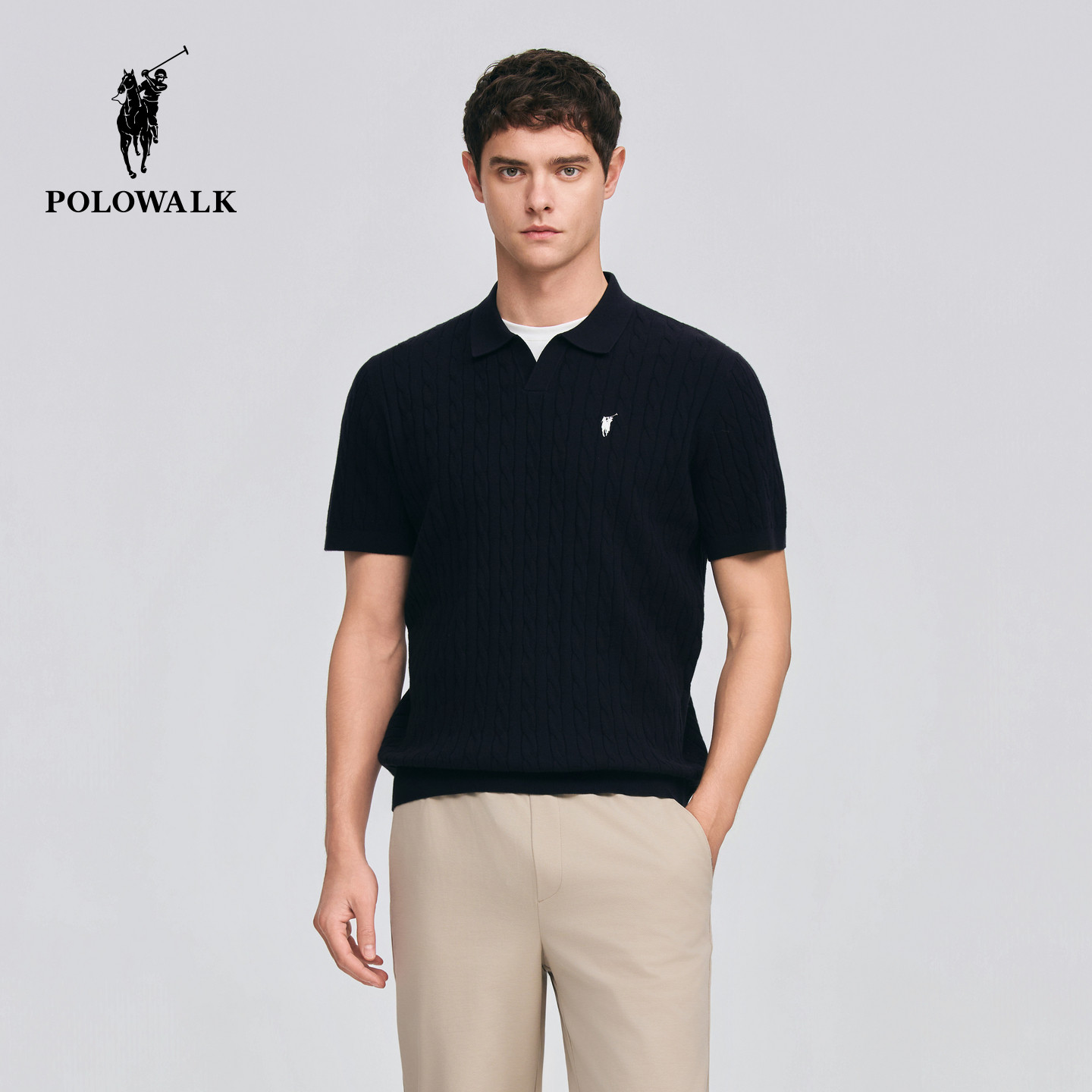 POLOWALK男式短袖针织衫2026春季新品经典绞花双层领短袖针织衫