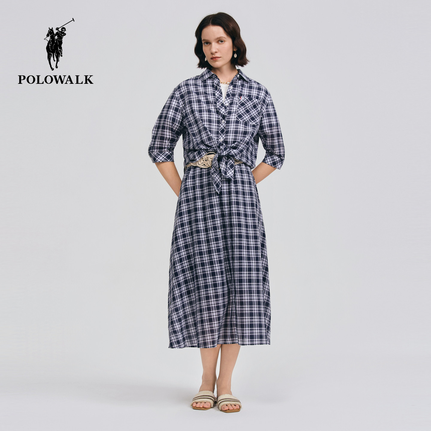 [套装]POLOWALK女装衬衫2026夏季新款女士100%棉格子上衣休闲半裙