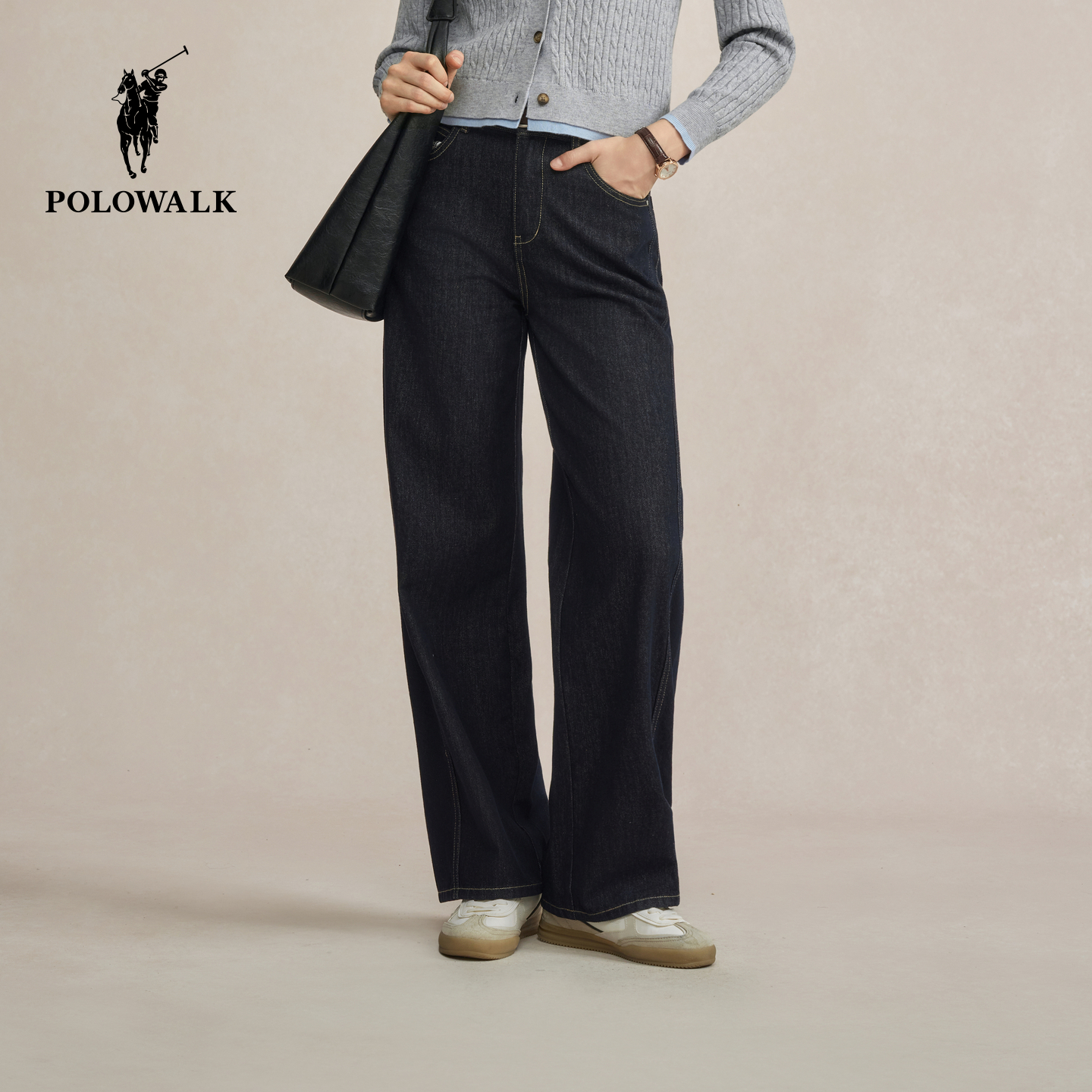 POLOWALK女式牛仔裤2025秋冬裤新品时尚百搭直筒通勤显瘦阔腿长裤