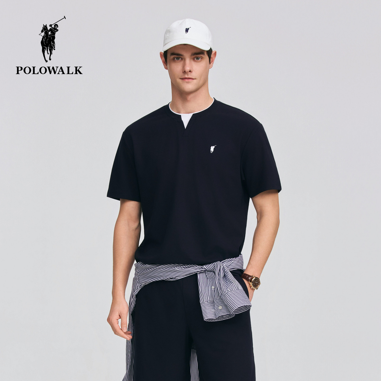 【套装】POLOWALK男式短袖2026夏季新品假两件短袖T恤松紧腰短裤