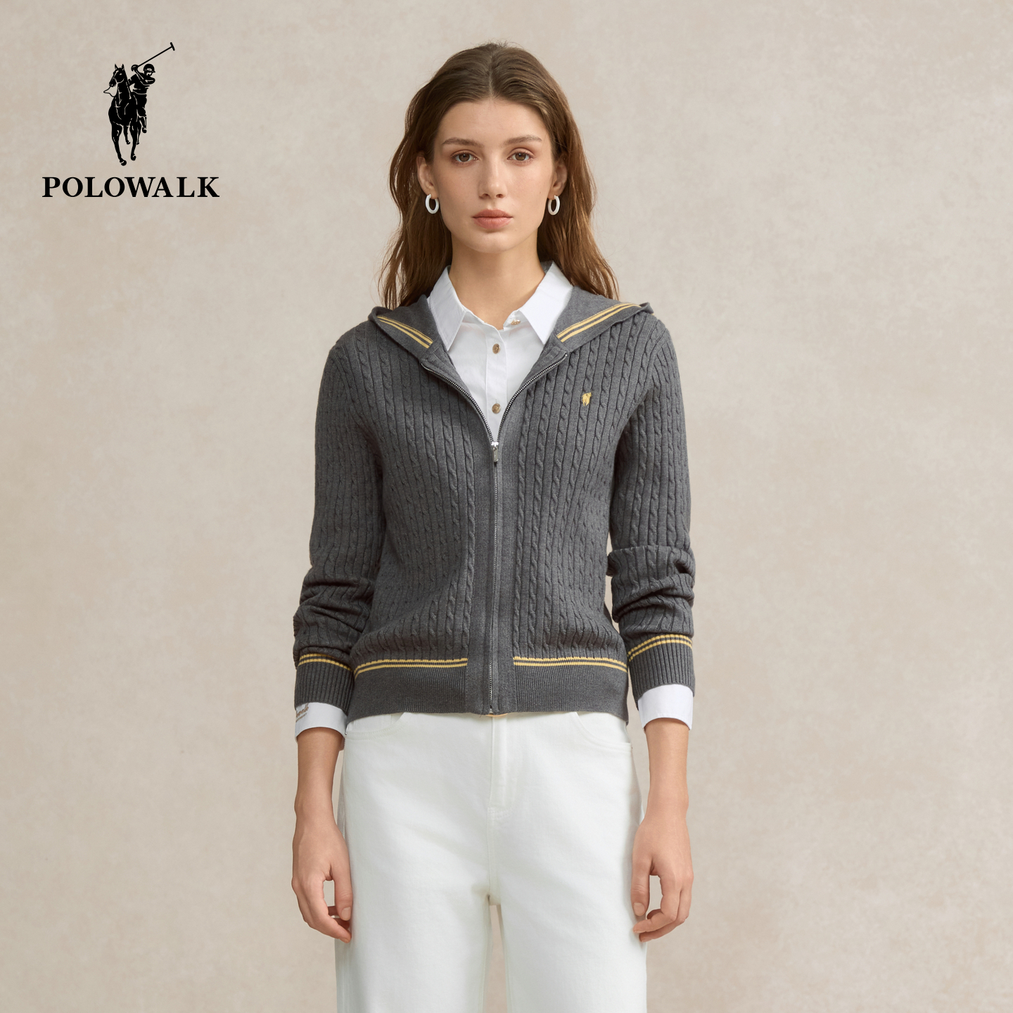 POLOWALK女式长袖针织衫2025秋季新品显瘦连帽绞花长袖针织开衫女