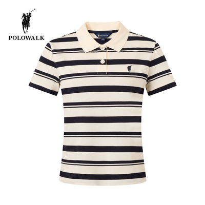 【100%棉】POLOWALK女式短袖POLO衫2026夏季撞色条纹显瘦百搭短袖