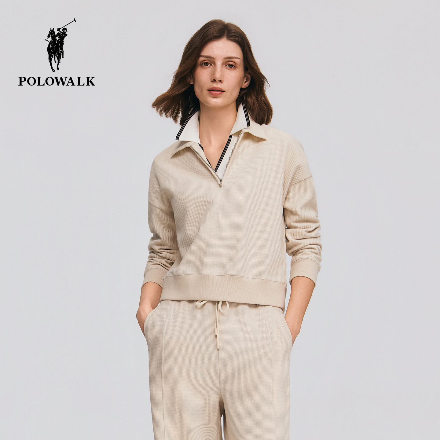 POLOWALK女式卫衣2026春季新品简约百搭休闲套头半拉链翻领上衣
