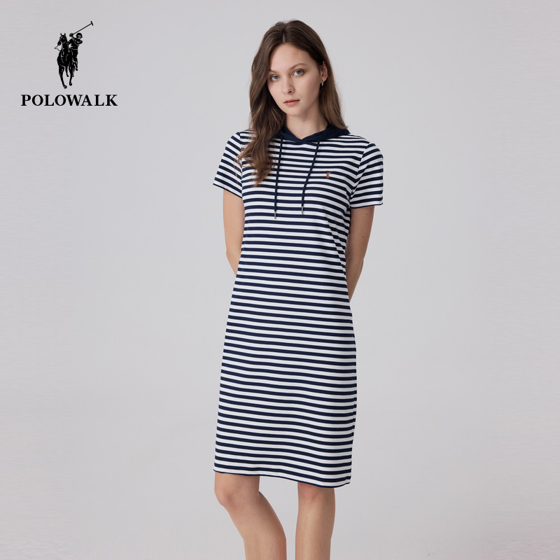 POLOWALK短袖连衣裙女装夏季新款小个子包臀修身连帽中长裙