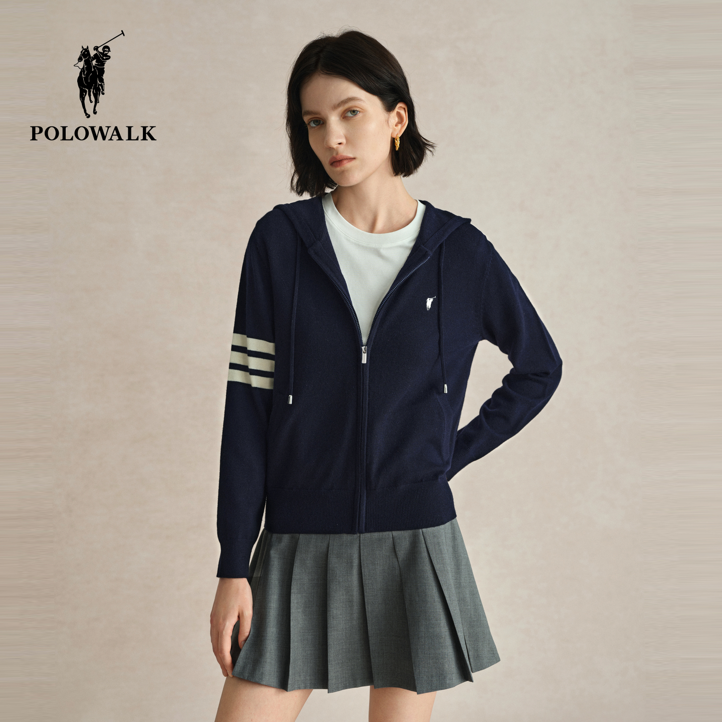 【含绵羊毛】POLOWALK针织开衫女士秋冬新款百搭休闲复古连帽外套