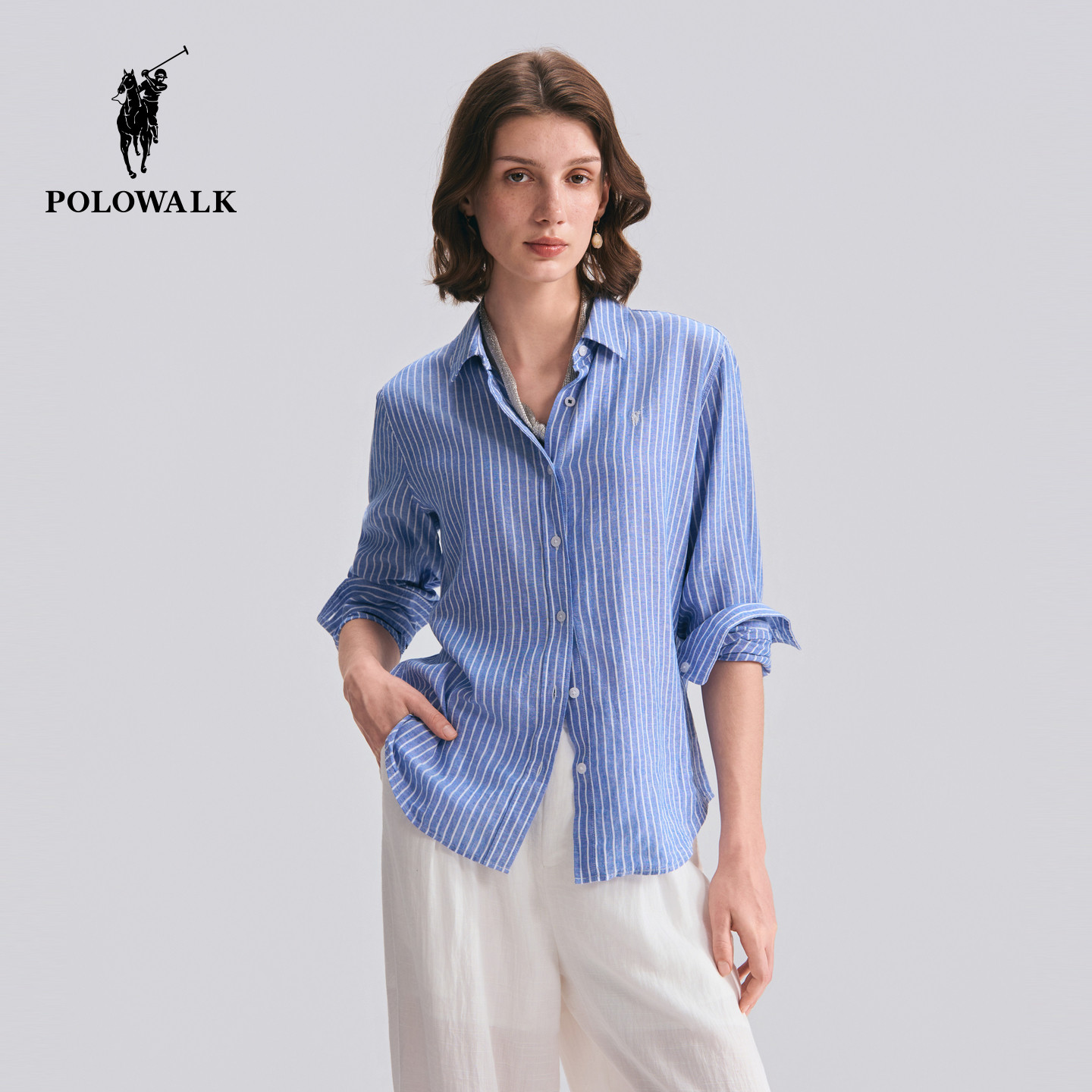 POLOWALK女式长袖衬衫2026春季新品撞色条纹翻领通勤休闲长袖衬衫