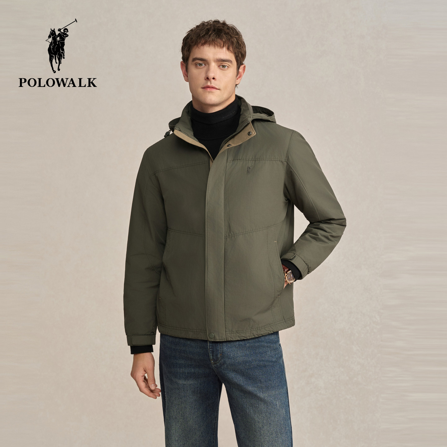 POLOWALK男式夹克2025冬季新品简约百搭立领加绒连帽夹克休闲外套