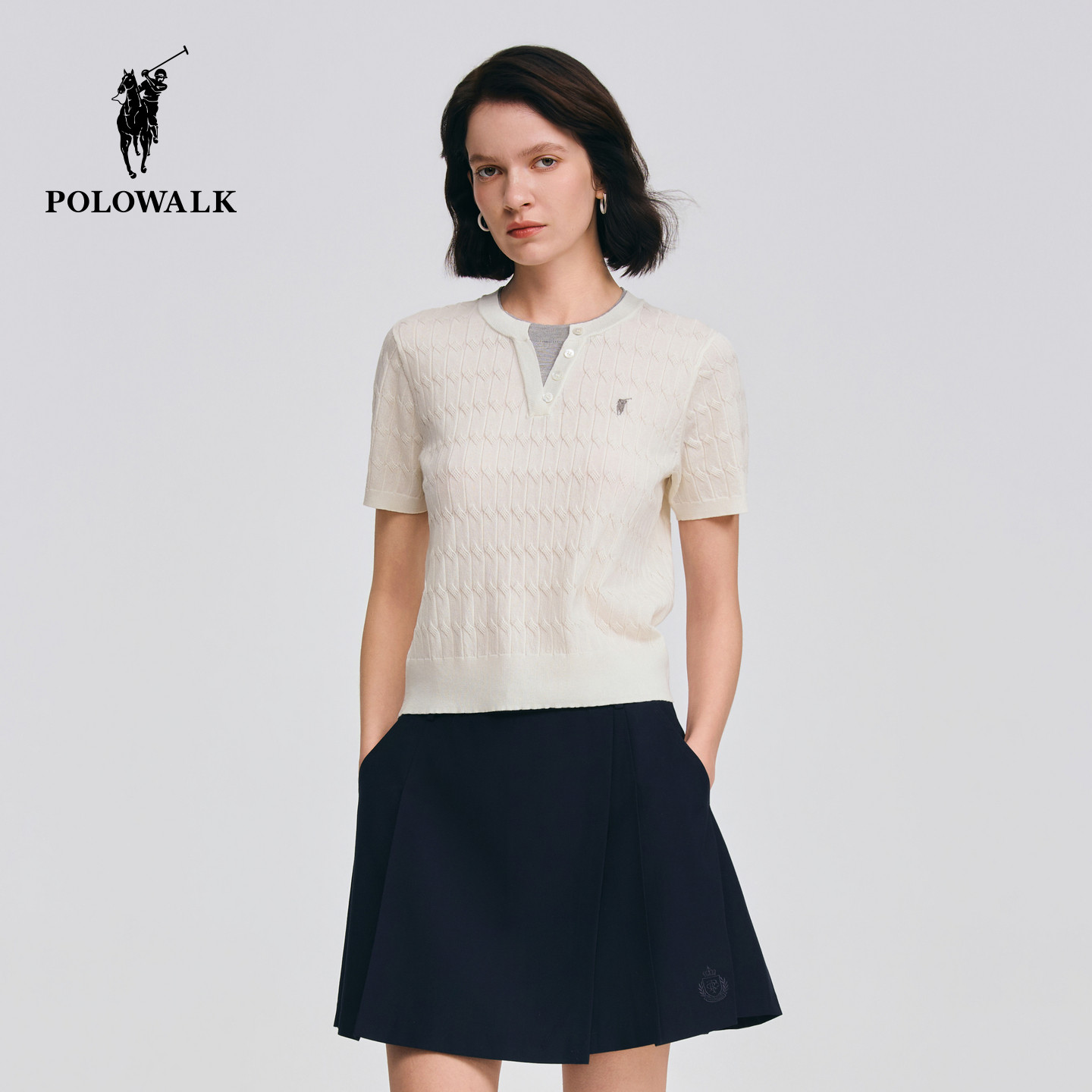 POLOWALK女式短袖针织衫2026春季新品拼接圆领假两件绞花针织衫