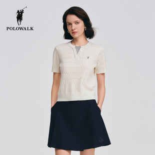 短袖 拼接圆领假两件绞花针织衫 针织衫 新品 2026春季 POLOWALK女式