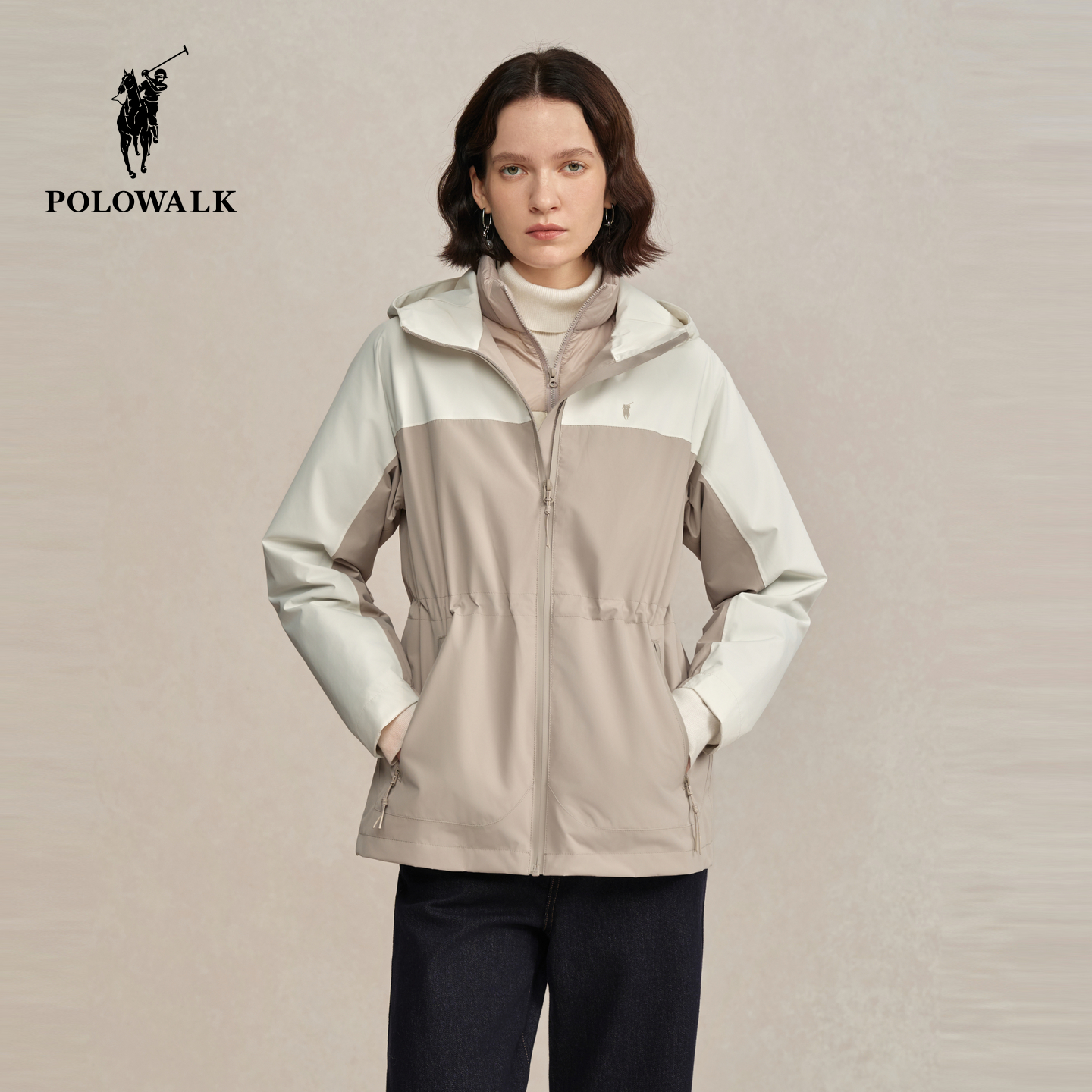 POLOWALK女式羽绒服2025冬季新品撞色两件套女装户外休闲保暖外套