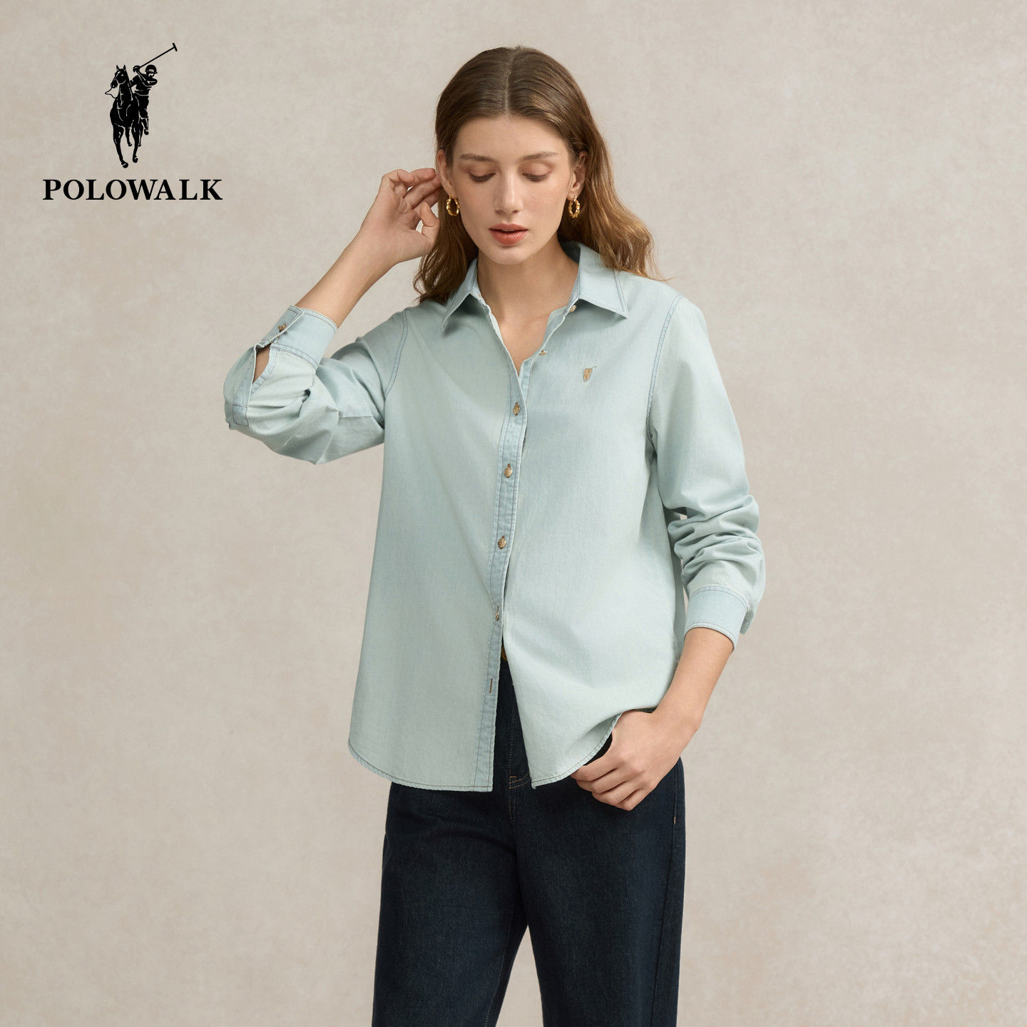 【100%纯棉】POLOWALK女式长袖衬衫2026春季新品简系休闲长袖衬衣