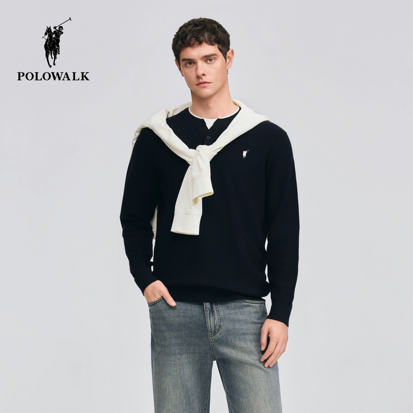 POLOWALK男式针织衫2026春季新品简约亨利领假两件长袖针织上衣