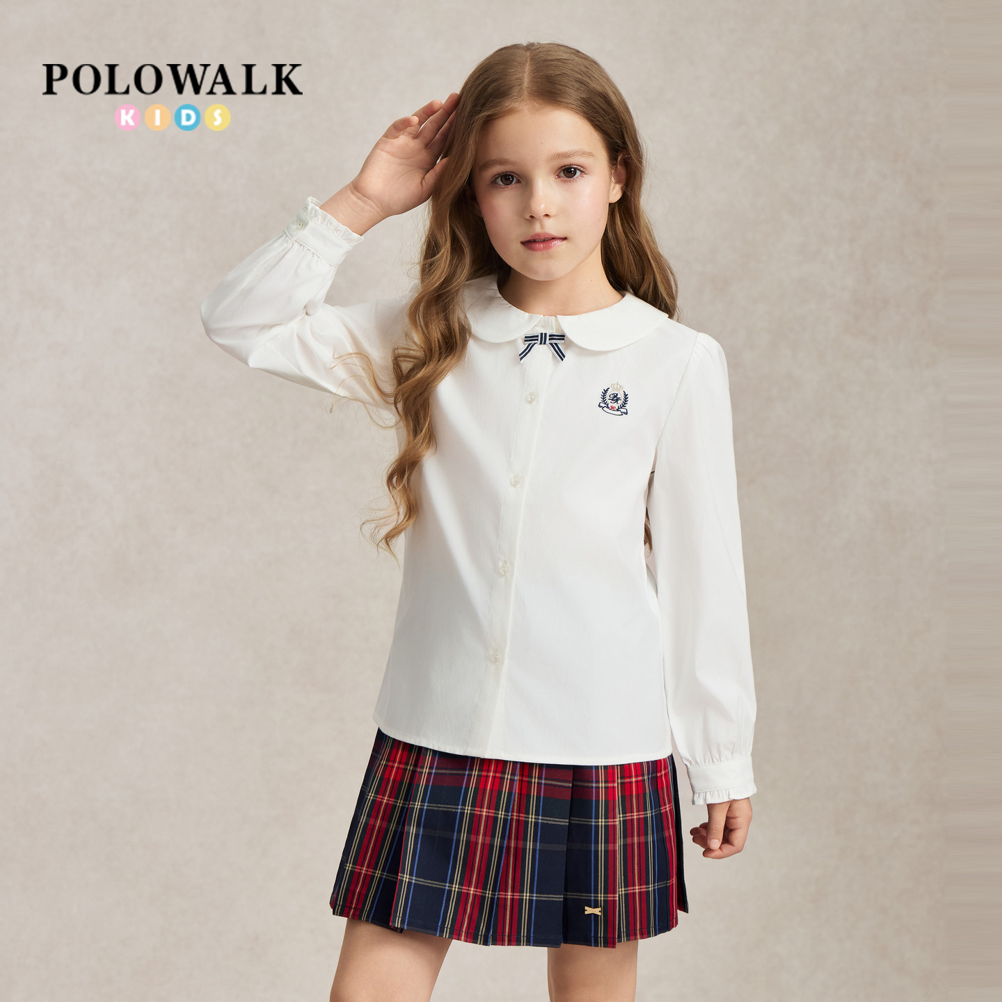 POLOWALK女童衬衫2026早秋新品娃娃领蝴蝶结刺绣学院风长袖衬衣