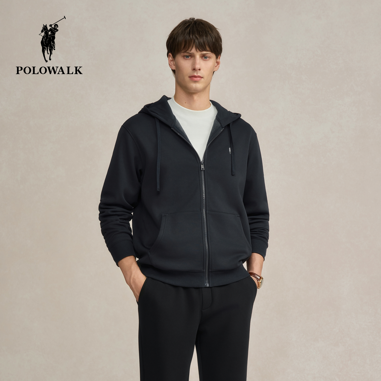 POLOWALK男式卫衣2025冬季新品休闲百搭舒适连帽上衣加绒外套男