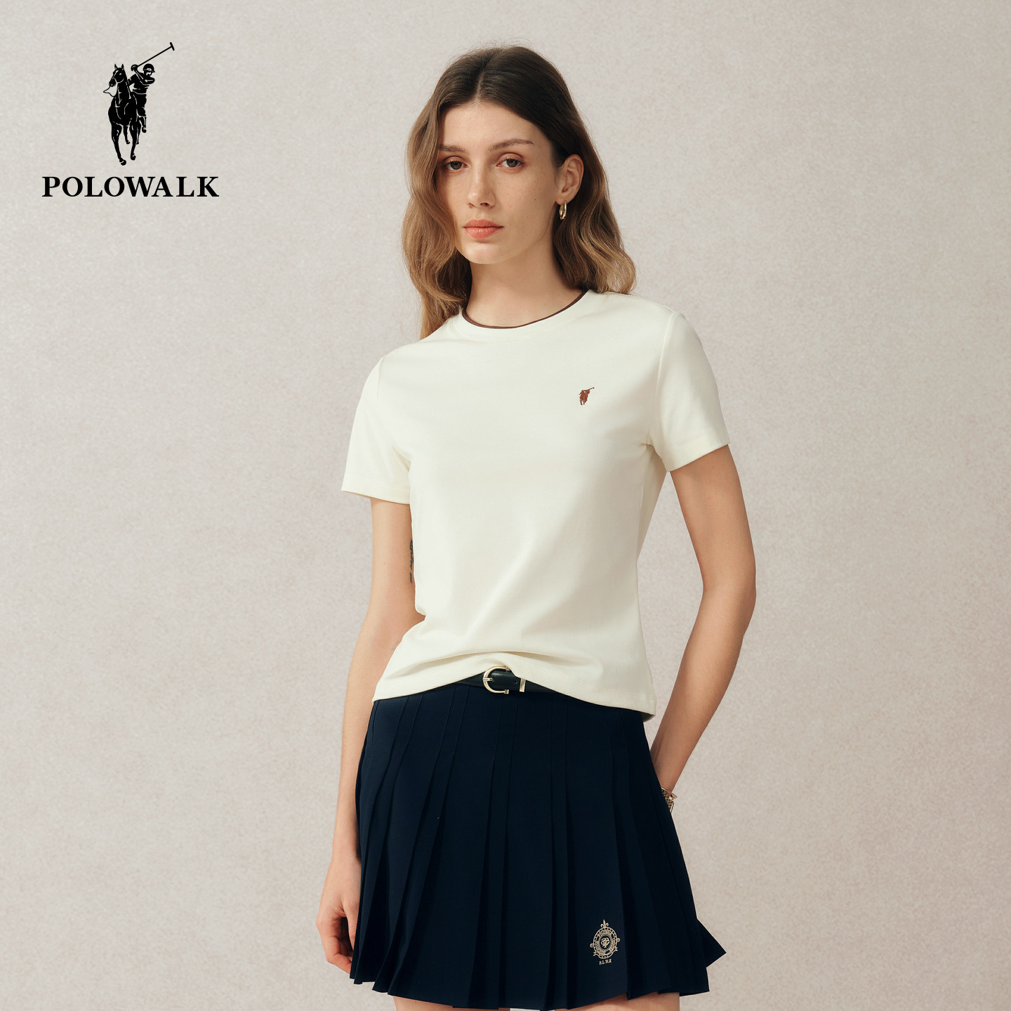 POLOWALK短袖圆领T恤女式夏季新品时尚休闲修身纯色打底t恤女