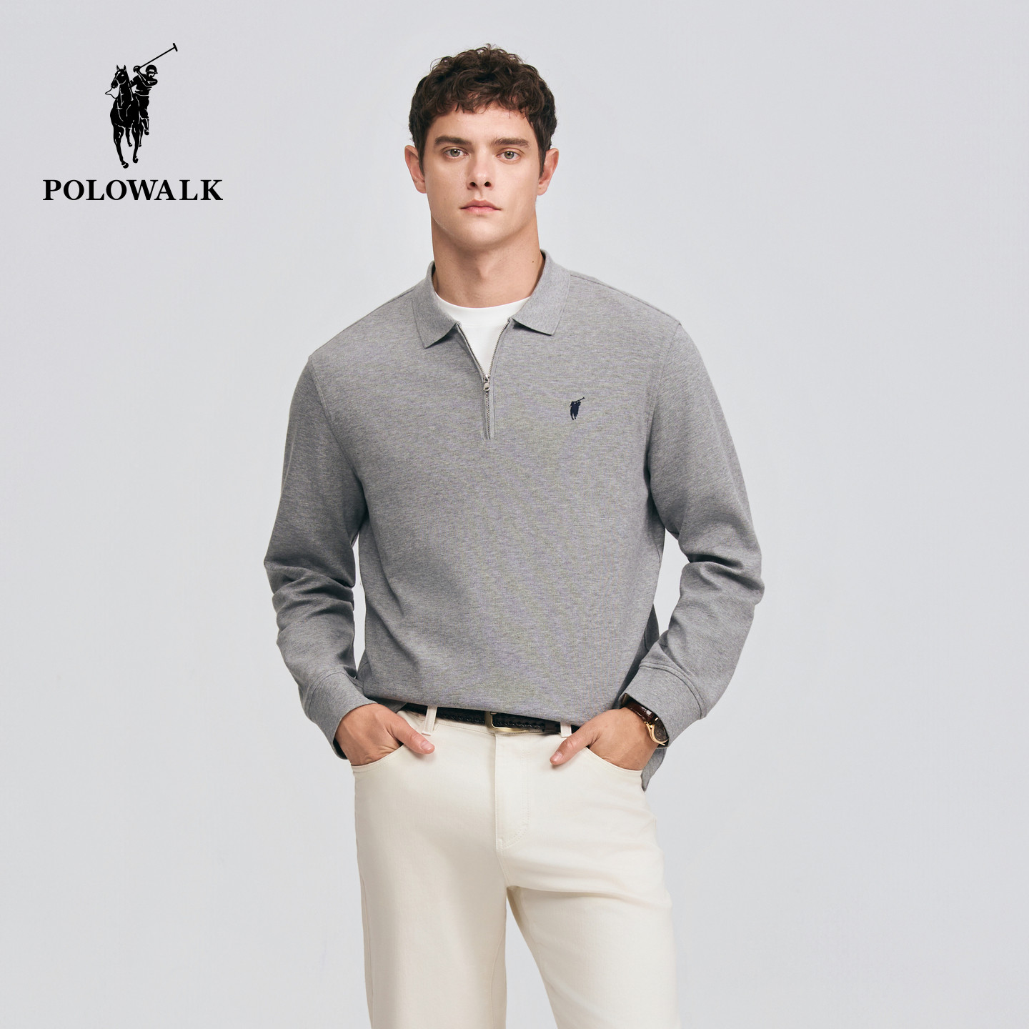 POLOWALK男式长袖T恤2026春季新品简约纯色翻领百搭通勤