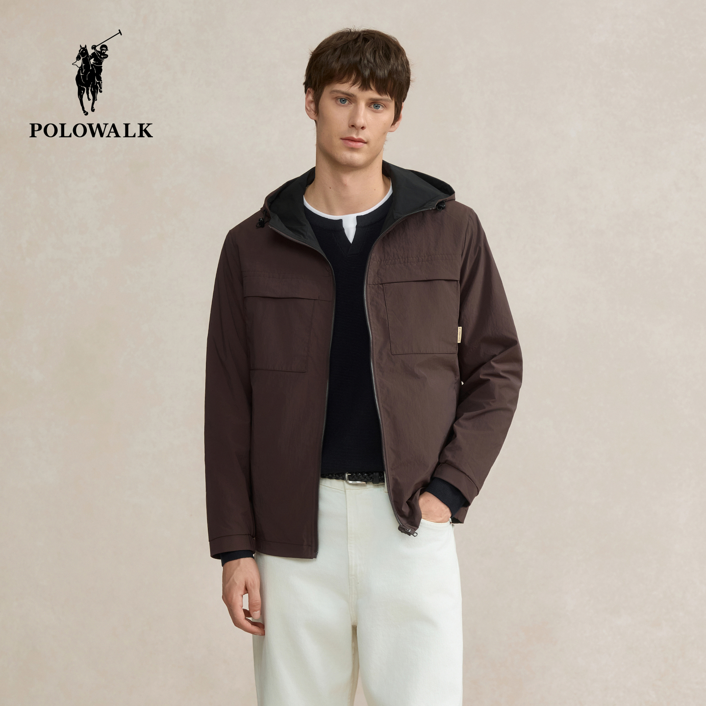 POLOWALK男装夹克2025秋季新品潮流简约连帽休闲外套上衣男式
