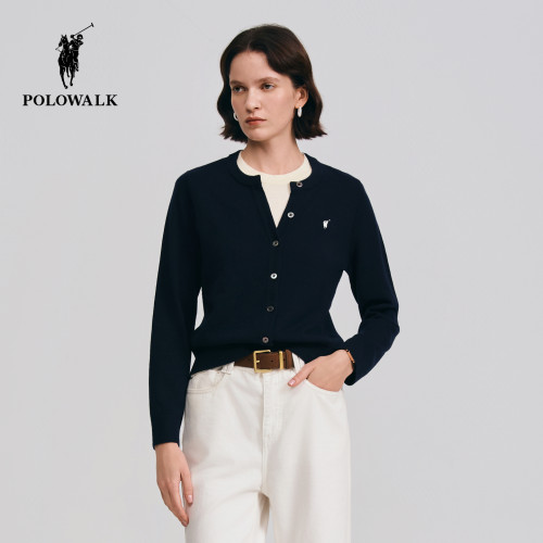 POLOWALK女士长袖针织衫2026春季新品百搭通勤时尚假两件针织开衫